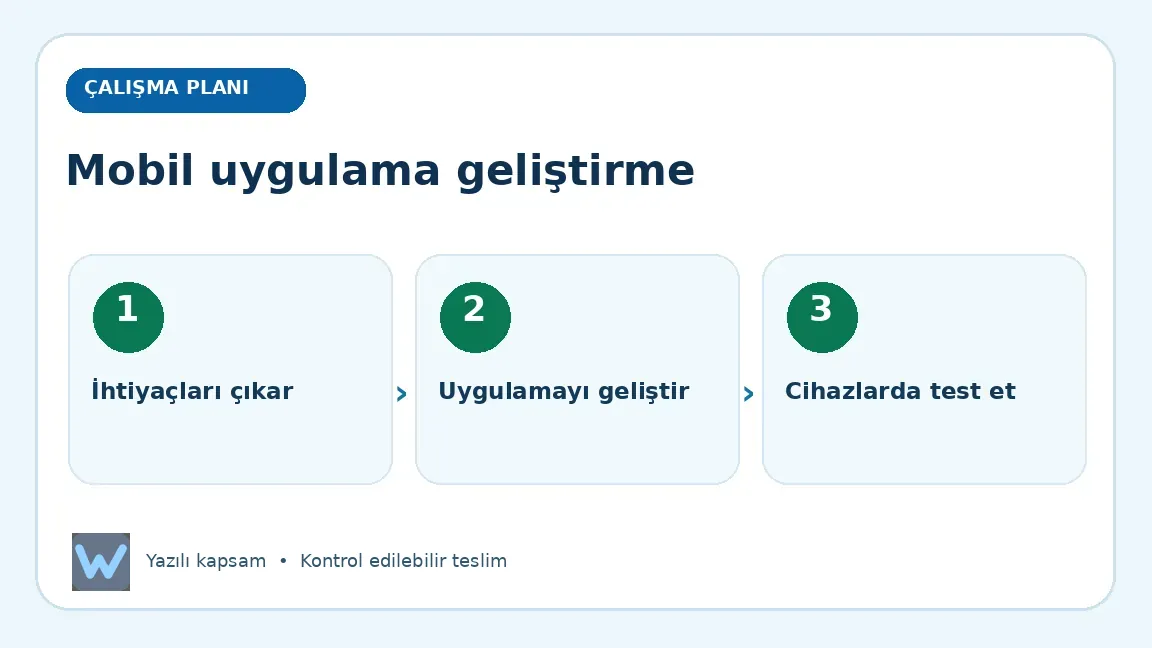 Mobil uygulama geliştirme: İhtiyaçları çıkar, Uygulamayı geliştir, Cihazlarda test et aşamalarını açıklayan görsel