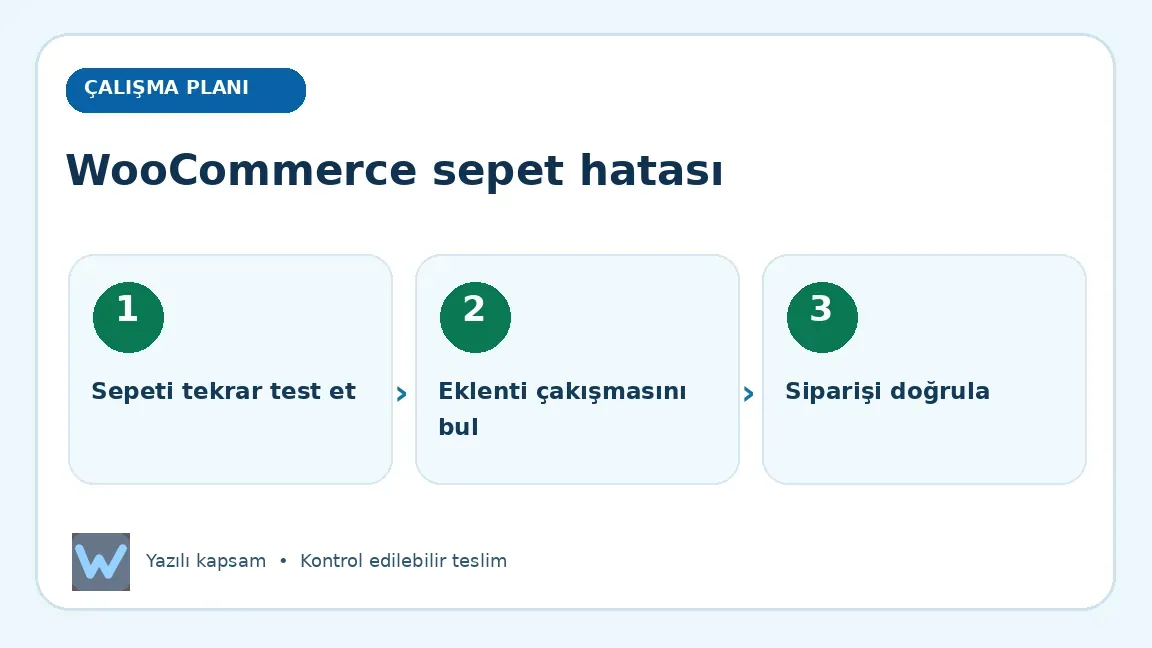 WooCommerce sepet hatası: Sepeti tekrar test et, Eklenti çakışmasını bul, Siparişi doğrula aşamalarını açıklayan görsel